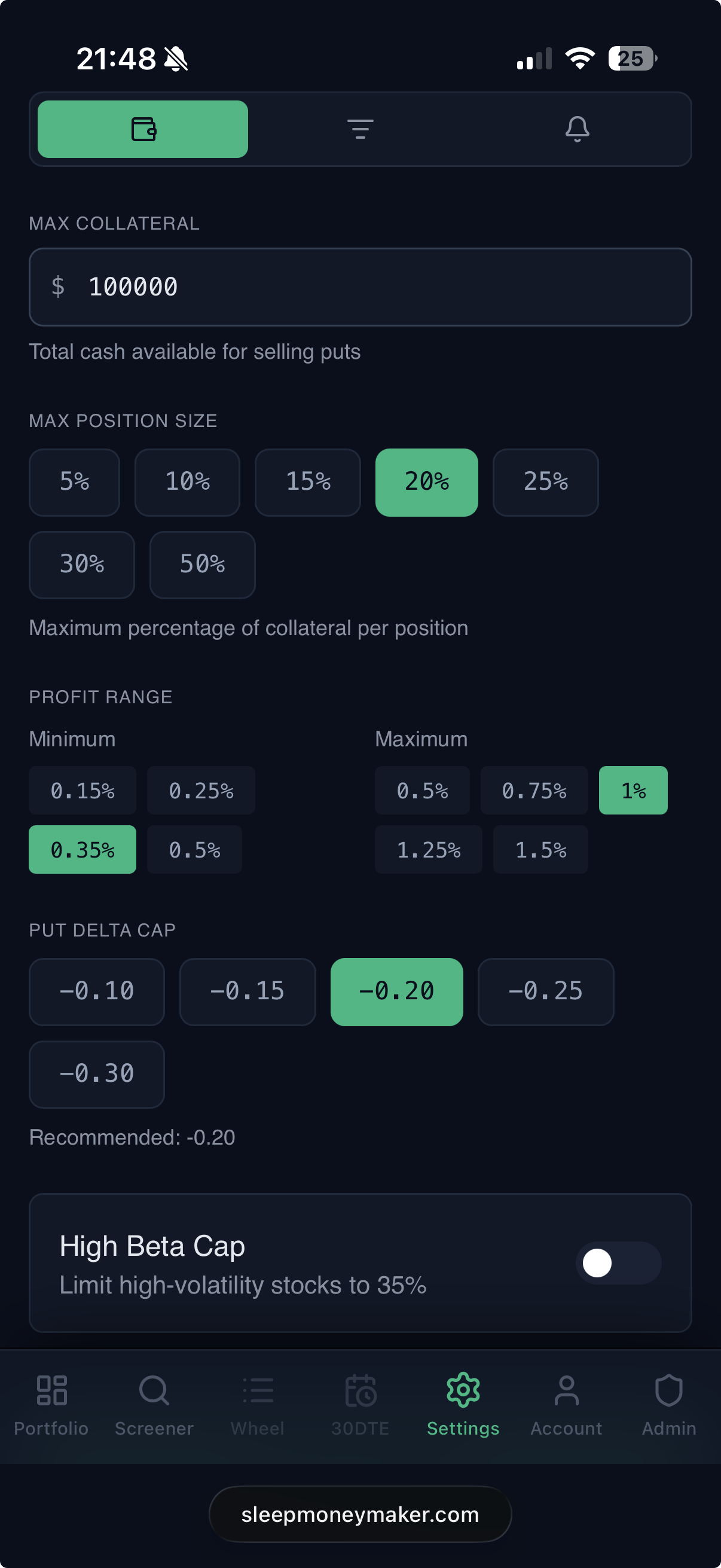 Copilot account settings on mobile: collateral, position size, profit range, delta cap